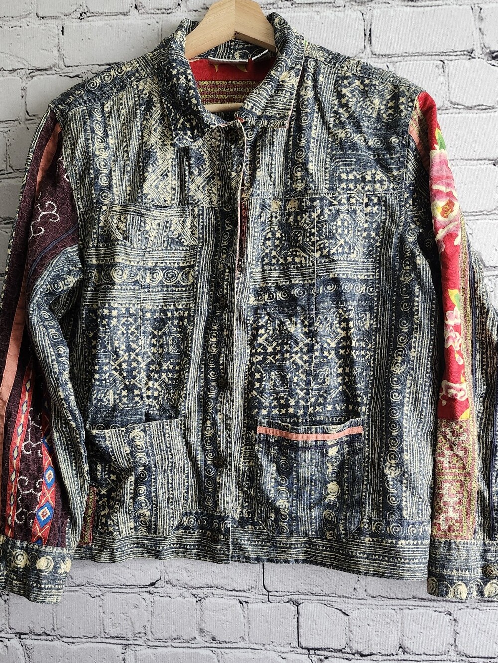 Chico's Indigo Printed Patchwork Jean Jacket with Red Floral Sleeves Size 1